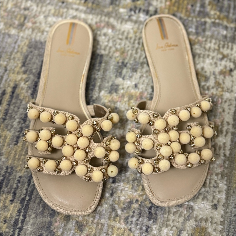 Sam Edelman Bay 19 NEW Beige nude Pom-Pom flat Sandals - Picture 2 of 9